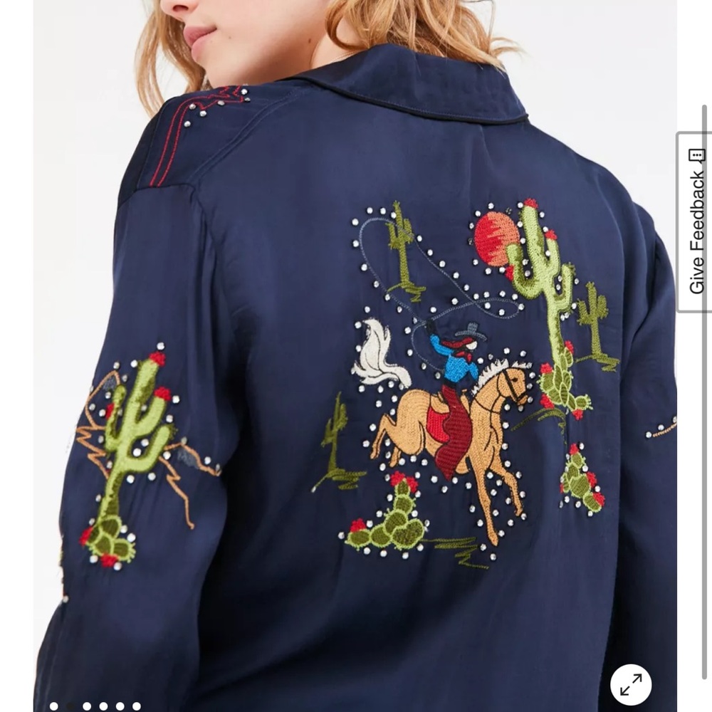 BDG Cowgirl satin Navy Embroidered western Women's Top urban outfitters - Picture 5 of 9
